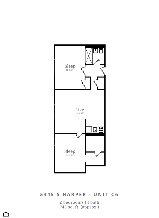 Floor plan for 2 beds, 1 bath, 743 sqft